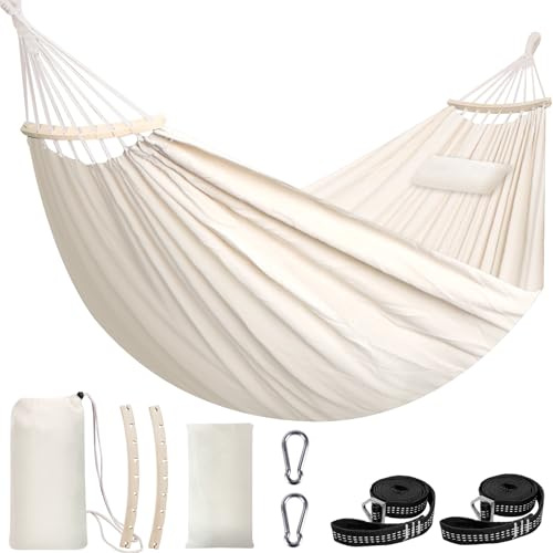 Chihee Hängematte aus Baumwolle weiche 300x150cm, atmungsaktive Camping-Hängematte Tragkraft bis zu 300 kg Tragbare Baumhängematten mit Abnehmbarer Spreizstange Kissen2 Starke Gurte 2 Karabinerhak