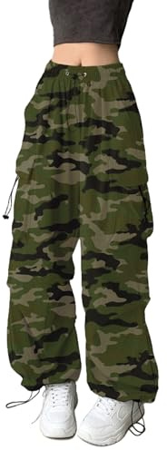 FDKLOOK Baggy Cargo Trousers for Women Y2k Parachute Pants with Pockets | Drawstring Elastic Waist,Wide Leg Trousers,Combat Trousers,Lightweight Comfort Fabric,Multi-Pocket,Cinched Hem,Baggy Pants