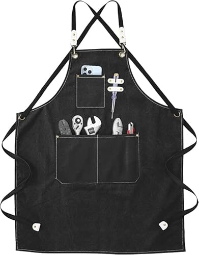Tablier de Travail en Toile Lourde avec 3 Poches, Réglable et Imperméable, Tablier Cuisine et Barbecue pour Homme et Femme, Sangles Croisées, pour Restaurant, Jardin, Atelier, Soudure, Café (noir)
