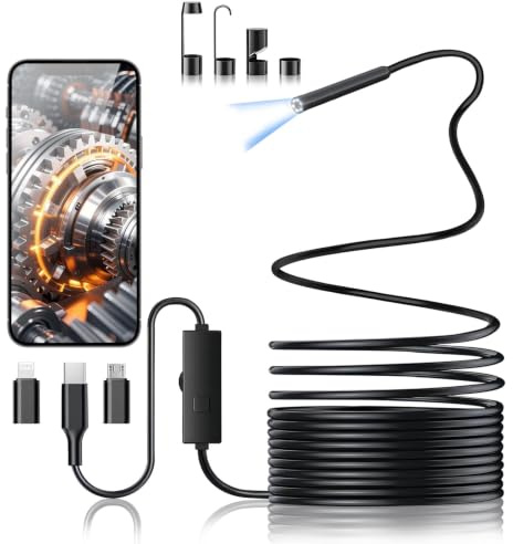 DPduct Endoskopkamera med ljus, 5,5 mm ultratunn inspektionskamera 1920P HD mobiltelefonsendoskop med 5 m halvstyv kabel, vattentät IP67 rörkamera kanalkamera för Android, iPhone iOS, Samsung