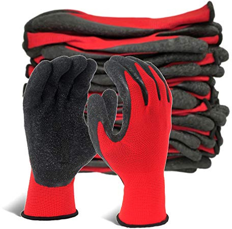 Evridwear Crinkle Latex Rubber Hand Coated Safety Work Gloves for Men Women General Multi Use Construction Warehouse Gardening Assembly Landscaping,Red Large 12 Pairs Pack