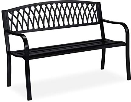 Relaxdays Banco Jardín, Asiento Parque 2 Plazas, Diseño Rústico, Cómodo Mueble Exterior, Metal, 87 x 127 x 60 cm, Negro