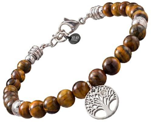 10:10 Damarmband i naturstenar 6 mm och allergiskt rostfritt stål, justerbart med livsträd och zirkon, diamantpärlor, presentförpackning - tillverkad i Italien, Justerbar, Metall Sten, Gul tigeröga