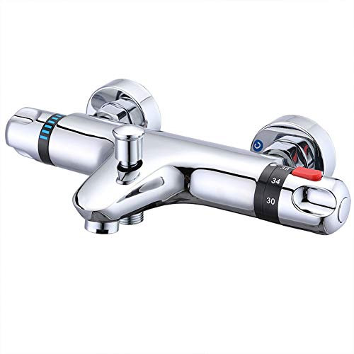 Badewannenarmatur Thermostat, Wannenarmatur Mit Handbrause, Und Brausehalter | Aufputz Badewanne Wasserhahn - Dusche Set, Mit Umsteller & Keramikkartusche, Zweigriff-Wannenbatterie,messing Chrom