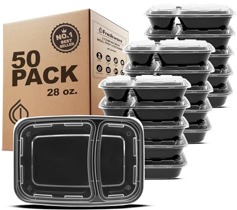 Freshware Meal Prep Containers [50 Count ] 2 Compartment with Lids, Food Storage Containers, Bento Box, BPA Free, Stackable, Microwave/Dishwasher/Freezer Safe (28 oz)