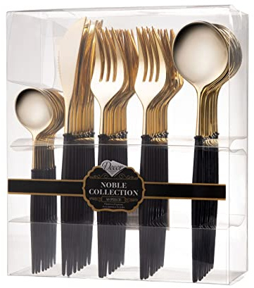 Decor Decorline – Återanvändbar robust plastbestickset – 40 delar – med 16 gafflar, 8 knivar, 8 skedar och 8 kaffe/teskedar – Nobel Collection – överdel: Glänsande guld- handtag: Svart