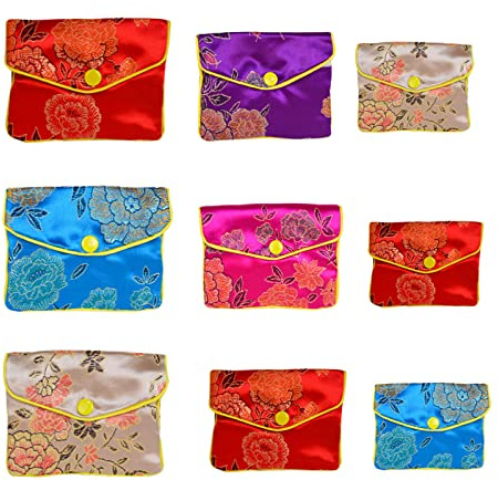 Baitaihem 9 Pack Jewelry Purse Pouch Gift Bags Chinese Silk Style Brocade Embroidered Bag,Multiple Colors(Small&Medium&Large)