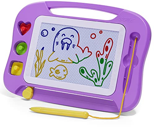 SGILE Magnetic Drawing Board Kids, Toddler Travel Toy Pad, Standard 25x18cm | Etch & Sketch with 3 Stamps, Doodle & Writing Activity, Educational Learning Gift Girls & Boys Ages 1-4, Purple