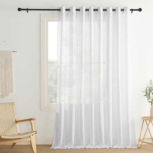 PONY DANCE Single Room Divider Curtain Voile - Extra Long Linen Look Sheer Panel Eyelet Top Privacy Protected Net Curtain for Living Room/Bedroom/Patio Door, White, 100 x 90 Inches Drop