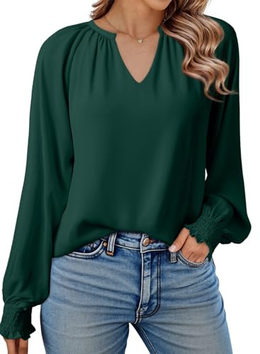 Dokotoo Women's Blouses Shirts Smocked Puff V Neck Womens Long Sleeve Tops Oversized Ladies T-Shirts Chiffon Blouse Casual Women Tunic Top Green XL UK 18 20