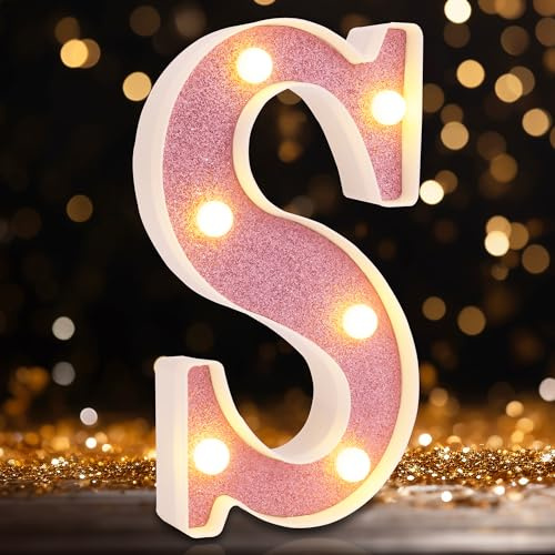 Small Led Marquee Letters, Light Up Letters, 8.58 Inch Led Letter Lights, Battery Powered Lighted Sign for Table, Party, Birthday, Christmas Decor (Pink Glitter, Letter S)