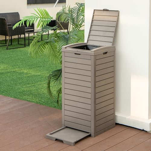 COSTWAY Poubelle Exterieur 118L en Résine, Poubelle de Jardin avec Couvercle et Plateau Extractible, Conteneur Poubelle Double Fermeture Étanche pour Porche, Arrière-Cour, Terrasse, Patio (Café)
