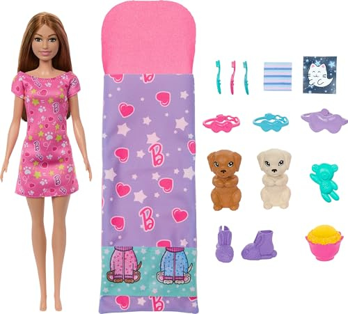Barbie-docka och lekset med två leksakshundar och fler än tio tillbehör, valppyjamasparty med färgförändringsfunktion, sovsäck, ögonmasker med mera, HXN01