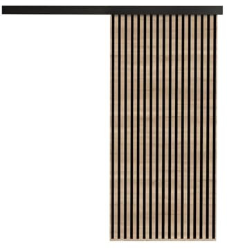 Mirjan24 Schiebetürsystem Batoso mit Selbstschließer, Komplett-Set für Schiebetüren, Lamellen Zimmertür Trennwände, Innentüren, Breite wählbar (Sonoma Eiche/Schwarz, Modell 90)