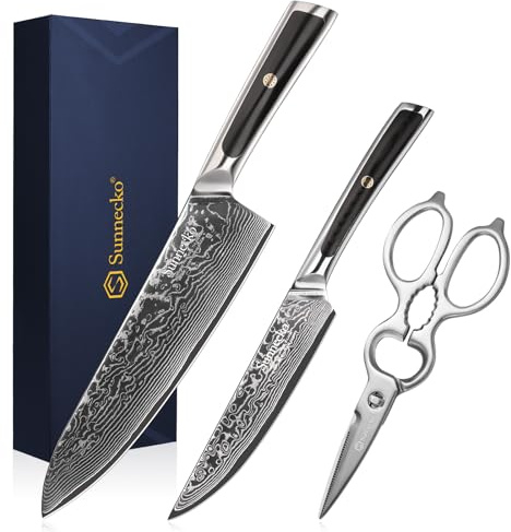 Sunnecko Damascus Knife Set 3 Piece, Professional Forged Japanese VG10 Steel Chef Knife, Kitchen Utility Knives and Sharp Heavy Duty Meat Shears Scissors with Elegant Presentation Gift Box, Dad Gifts