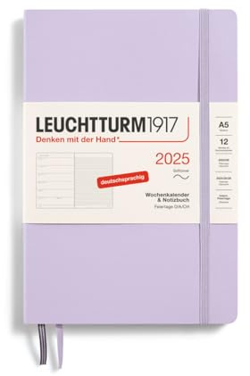 LEUCHTTURM1917 370507 Agenda semanal y cuaderno 2025, tamaño mediano A5, tapa blanda, planificador de 12 meses, 80 g, a rayas, color morado