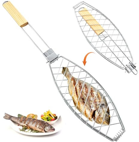 SilverChry Parrilla Barbacoa Pescado Reversible, Canasta de Asado de Pescado BBQ, Accesorios Barbacoa y Camping Portátil Y Plegable, Canasta de Parrilla de Barbecook de Acero Inoxidable 63x12cm