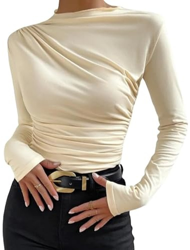Haibang Maglietta a Manica Lunga Donna Sexy Magliette Ruches T-Shirt Slim Fit Basic Top Elegante Camicetta Pullover Morbidi Leggero Autunno Inverno Moda Streetwear