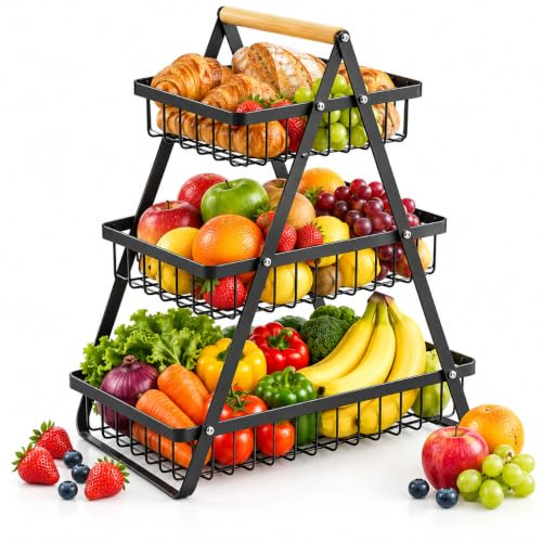 Fruit Basket, Tiered Fruit Stand Bowl Kitchen Countertop Organizer Vegetable Bread Basket Detachable Snacks Holder with Wooden Handle Easy Installation Modern for Kitchen Decoration, Black (3 Tier)