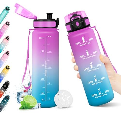 Borraccia 500ml, Bottiglia Acqua A Prova di Perdite, Borraccia con Filtro e Marcatori Temporali, Bottiglia Riutilizzabile, senza BPA, Borraccia Motivazionale per Bambini, Scuola, Ufficio, Yoga