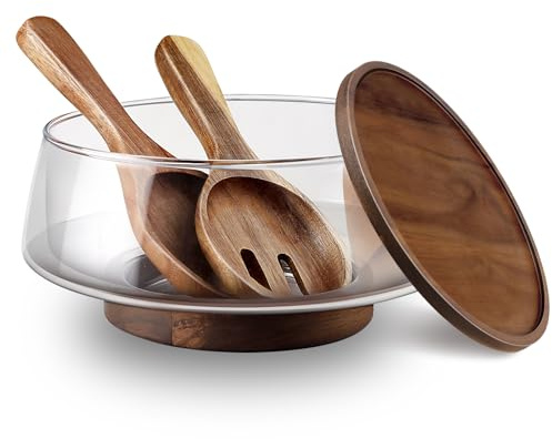 Large Glass Salad Bowls Set with Acacia Wood Base and Lid and Salad Serving Utensils, Elegant and Practical Salad Bowls for Kitchen Essentials Party