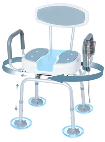 Umisu Chaise de Douche Pivotante à 360°, Siège de Douche Antidérapant avec Dossier et Accoudoirs, Tabouret de Douche Réglable pour Seniors, Personnes Handicapées, Femmes Enceintes, à 136 kg