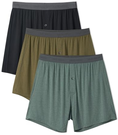 DAVID ARCHY Mens Underwear Bamboo Rayon Boxers for Men Breathable and Cool Men's Boxer Shorts with Button Fly 3 Pack (M,Black/Dark Green/Olive Green)