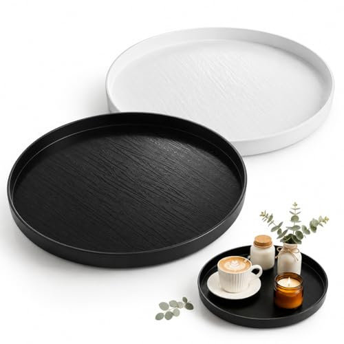 2 stycken dekorativa brickor, runda, 30 cm med 4 halkfria, stort serveringsfat, rund i svart och vitt, dekorativa tallrikar rund för fester, lägenheter, barer och restauranger (svart + vit)