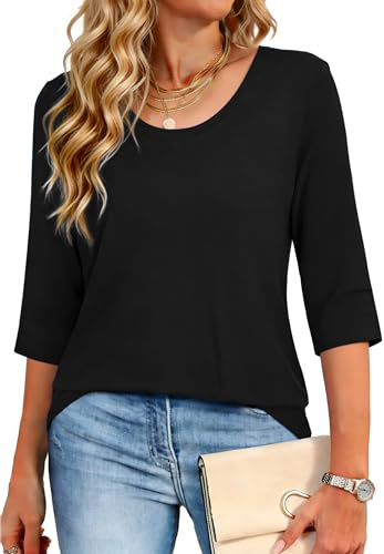 Crewhpo Women's 3/4 Sleeve T Shirts Crew Neck Basic Tops Summer Casual Tees | Solid Color, Relaxed Fit, Cotton Blend, Soft Lightweight, Skin Friendly, Elegant Blouses, Work Outfits, Daily Looks