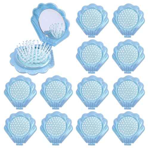 CRAFTYMELODY 14 spazzole pieghevoli da viaggio per capelli, con specchio, a forma di conchiglia, portatili, a specchio, con custodia, colore blu