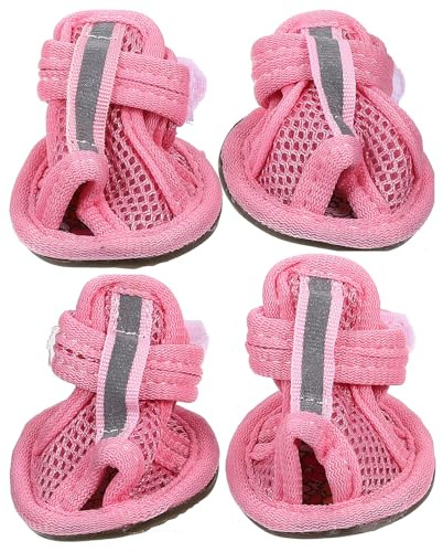 Toyvian Zapatos para Perros Verano Transpirables de Malla Rosa, Sandalias Antideslizantes Suela de Caucho, Pack de 4 Piezas para Proteger Patas en Verano
