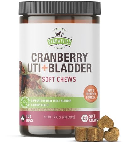 Strawfield Pets Cranberry Bladder & UTI Chews for Dogs D-Mannose + Vitamin C for Urinary Tract Support Peanut Butter Flavored Soft Chews 120 softchews