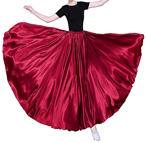 SANCAN Jupes Longues en Satin à 360 degrés pour la Danse du Ventre pour Halloween Cosplay - Rouge - Taille Unique