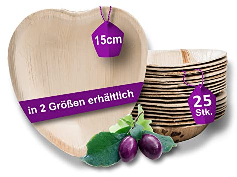 Waipur Piatti in Foglia di Palma Ecologici - 25 Pz Cuore 15 cm - Stoviglie usa e getta Biodegradabili Eleganti - Leggeri e Resistenti - Naturali e Compostabili - Simile al Bamboo e al Legno