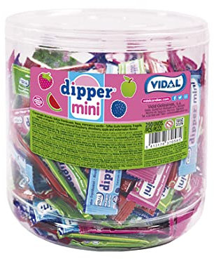 Vidal Golosinas. Dipper Mini Surtido. Caramelos blandos masticables sabores frambuesa, fresa, cola, manzana y sandía. Textura que se derrite en boca. Sin gluten. Tarro 250 u