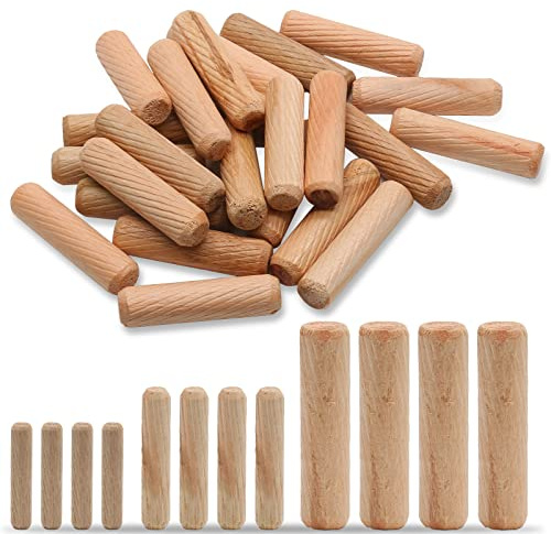 BokWin Paquete de 400 pasadores de madera de 6 mm, 8 mm y 10 mm (aproximadamente 1/4 pulgadas, 5/16 pulgadas, 3/8 pulgadas), varillas de madera estriada y biselada secadas al horno, clavijas de madera