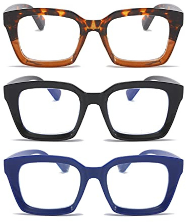 KoKoBin 3 Paires Lunettes de vue Lecture Anti-Lumière Bleue,Lunettes pour lire Surdimensionnées Carrées Élégantes,Anti-Fatigue Lentille Claire Hommes et Femmes 1.50