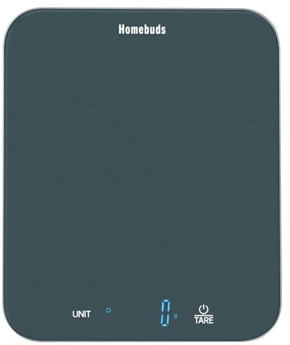 Homebuds Bilancia Cucina Digitale, Bilancia da Cucina 15kg, Pesa Grammi e Once con Precisione di 1g/0,1oz per Cuocere e Cucinare, Display LED, 3*AAA Batterie Incluse, Vetro Temperato, Blu