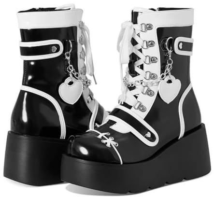 tinbarry Stivaletti Donna Stivali con Plateau Punk Gotico Stivali Stringati in Pelle PU Stivaletti Corti con Tacco Largo con Zeppa Cinturini con Fibbia Catene con Zip Scarpe Invernali