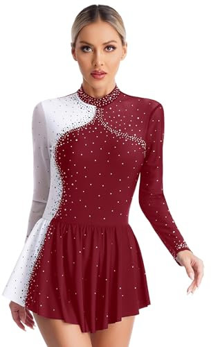 iEFiEL Damen Langarm Eiskunstlauf Kleid Patchwork Kürkleid Kurz Tanzanzug Trikotanzug Tanzbody Glänzende Tanzkostüm Burgundy S