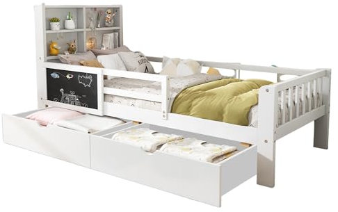 Azkoeesy Cama individual infantil con cajones y estantes de almacenamiento, 90 x 200 cm, con protección contra caídas y pizarra, madera de pino, color blanco