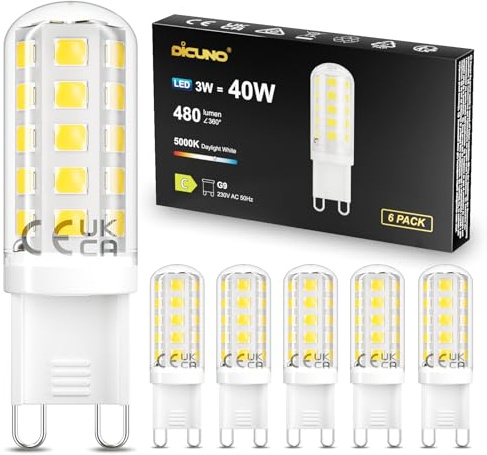 DiCUNO G9 LED Bulbs C Class, 3W=40W, Daylight White 5000K, 480LM, 6Pcs | Energy-Saving G9 LED Light Bulbs, Non-dimmable for Chandelier, Ceiling Lights