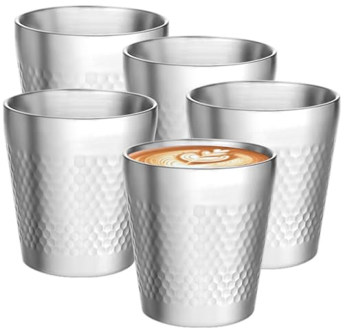 5 vasos de acero inoxidable, 300 ml, apilables de doble pared, aislante, metal, diseño de martillo, tazas de camping, sin asa, irrompibles, resistentes al calor, aptos para lavavajillas, para cerveza,