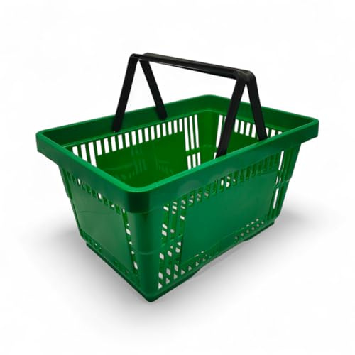 1x Green 22 Litre Plastic Shopping Basket with Handles Heavy-Duty HDPE Basket for Retail, Grocery & Convenience Stores Lightweight, Stackable