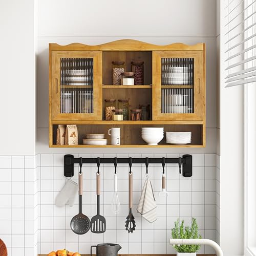Ligterra Vetrina sospesa da 90 cm, pensile da cucina, shabby chic, con 2 ante e tre ripiani, pensili da cucina, adatto per bagni, cucine e sala da pranzo (naturale)