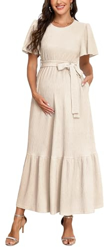 AISWI Maternity Short Sleeve Maxi Dress with Belt Crew Neck Pregnancy Tiered Ruffle Flowy Pocket Dresses Baby Shower, Champagne, L