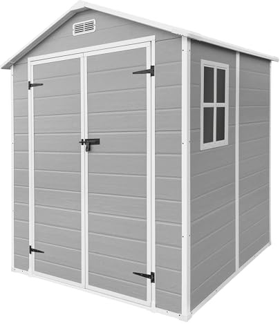 ECD Germany Caseta de Jardín con Suelo, 5m³ 151x182x220 cm Gris Claro, Cobertizo Exterior de Plástico para Almacenamiento de Herramientas, con Tejado en Dos Aguas, Puerta y Ventana de Ventilación