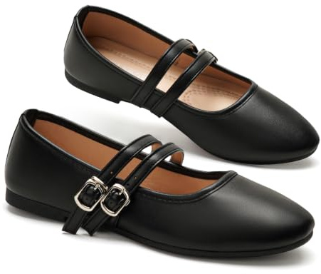 GLAMORA Merceditas de Doble Hebilla Piel Sintética, Bailarinas Mary Jane con Correas Ajustables, Zapatos Planos Cómodos Punta Redonda, Manoletinas Elegantes Uso Diario