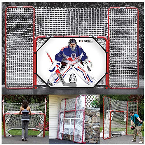 EZGoal 4' x 6' Hockey Folding Steel 2 Goal with 10' x 6' Backstop, 4 Targets Nets, a New Shooter Tutor and Wheels to Help Move The Goal, Red, (67099)