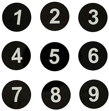 Targhetta rotonda con numero, con nastro autoadesivo, per armadietti o porte (1-25, colore: nero)